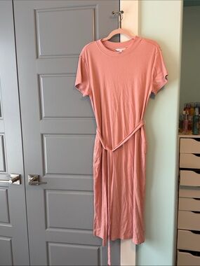 Time & Tru Pink Short-Sleeve Belted Midi Dress